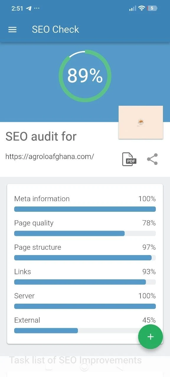 SEO Check для agroloafghana.com: загальна оцінка 89 відсотків, мета-інформація 100, структура сторінки 97, сервер 100