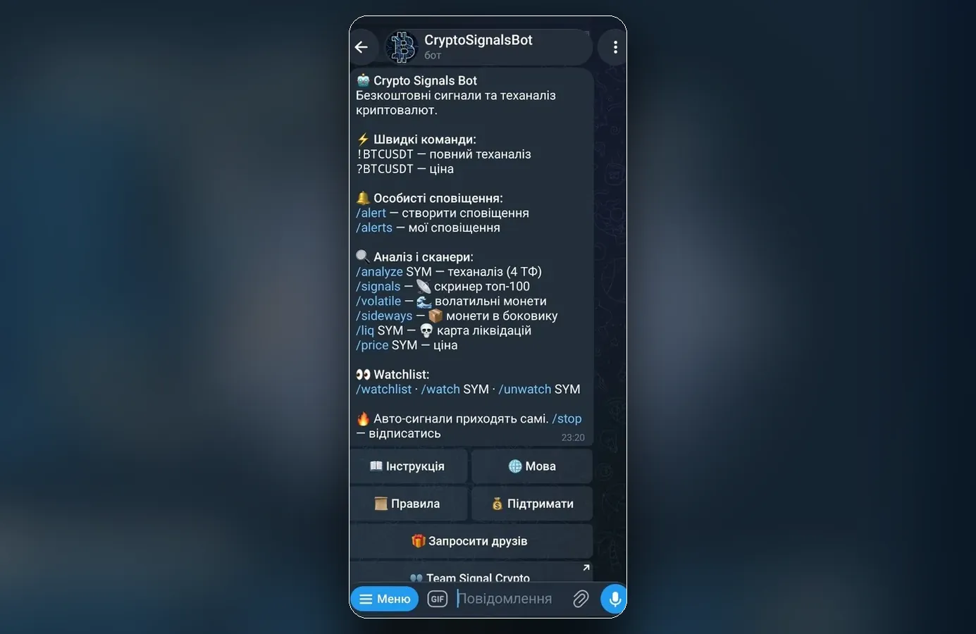 Бот Crypto Signals — теханаліз і сигнали по криптовалютах