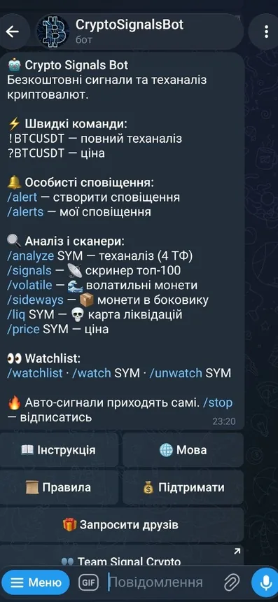 Список команд бота Crypto Signals у Telegram