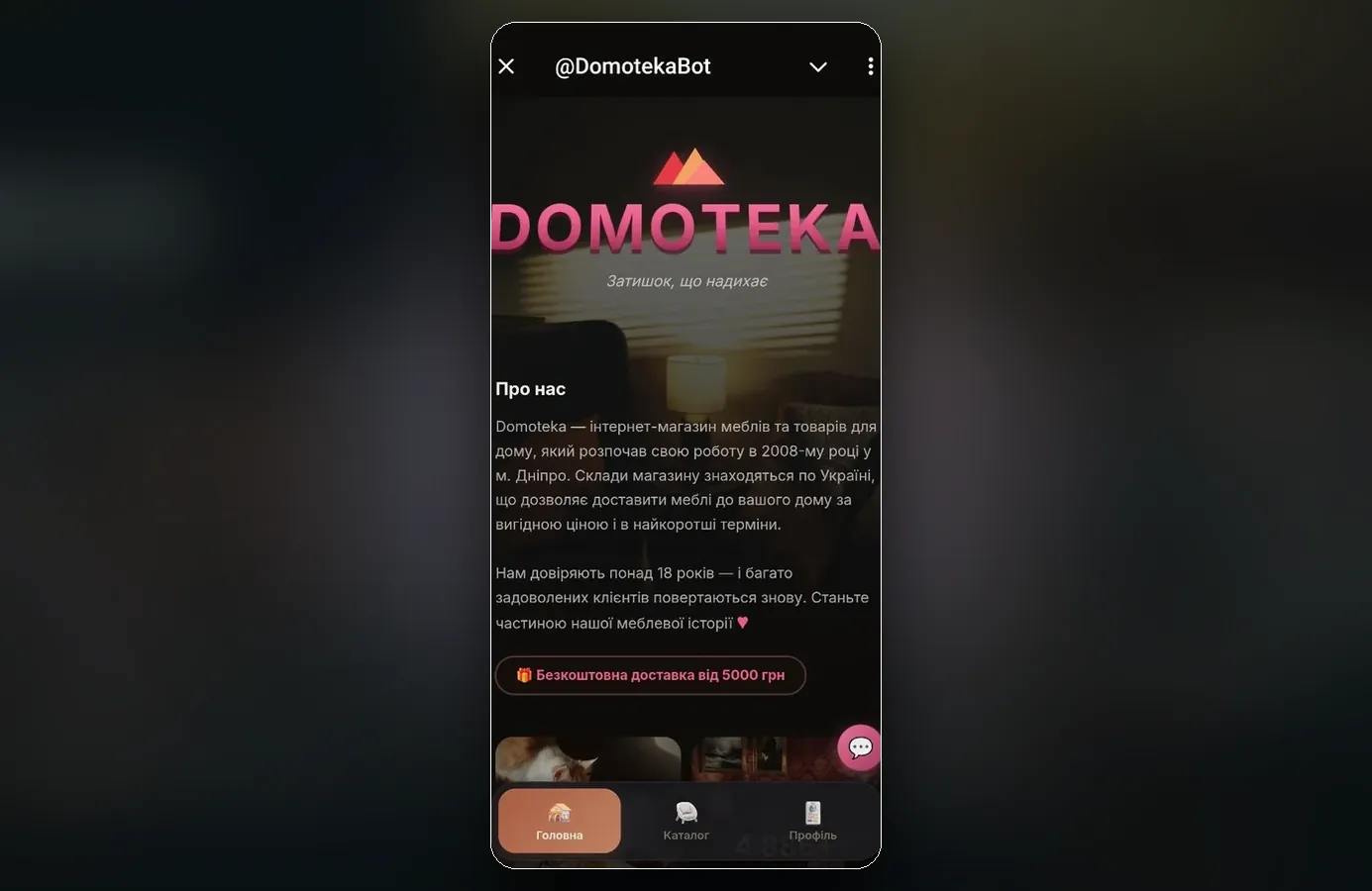 Mini App меблевого магазину Domoteka