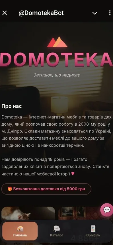 Mini App меблевого магазину Domoteka — головний екран